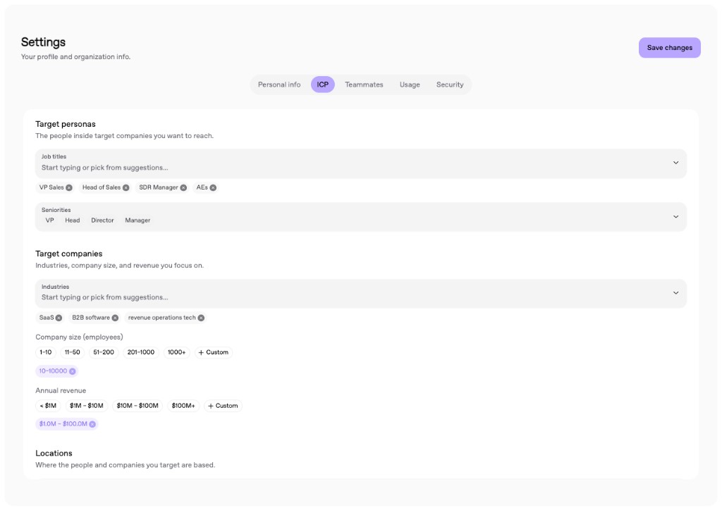 Brainess Settings ICP tab showing target personas, companies, and locations